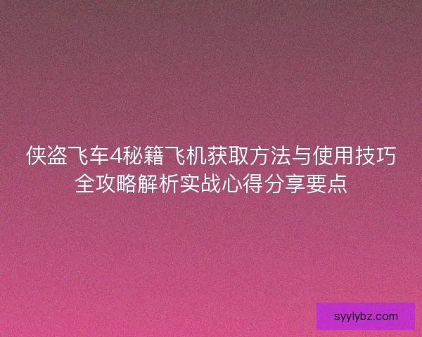 侠盗飞车4秘籍飞机获取方法与使用技巧全攻略解析实战心得分享要点